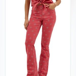 Wrangler High-Rise Bold Boot red diamond bandana-inspired geometric print.